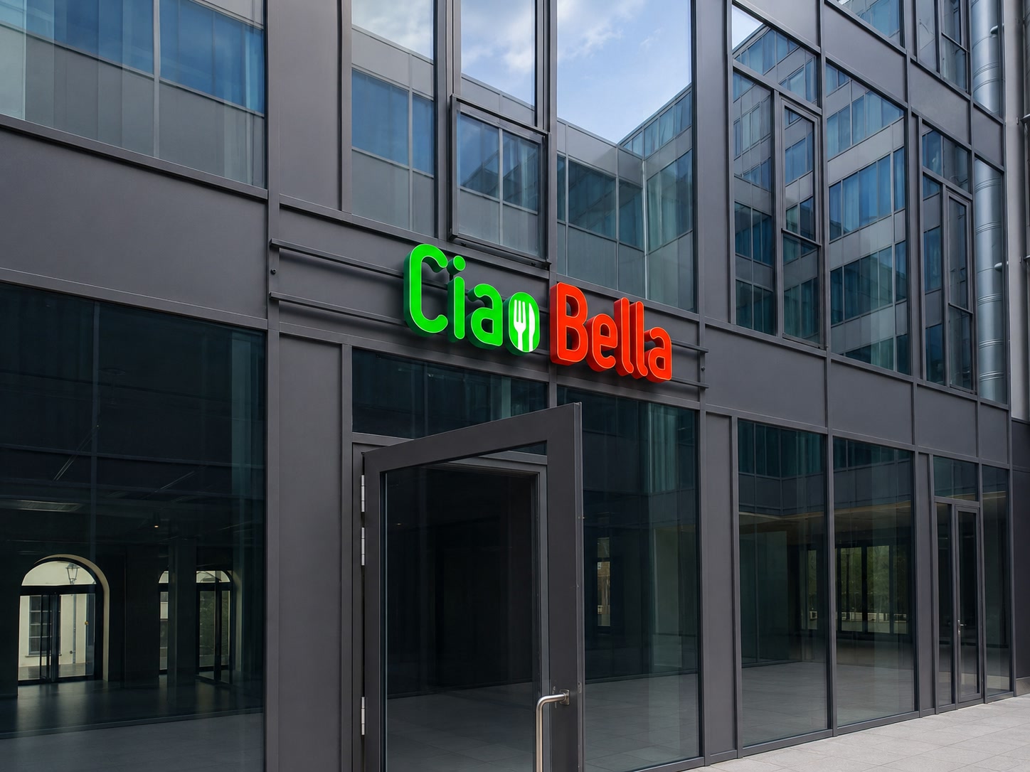 Lichtwerbung Ciao Bella an einer Gebäudefassade