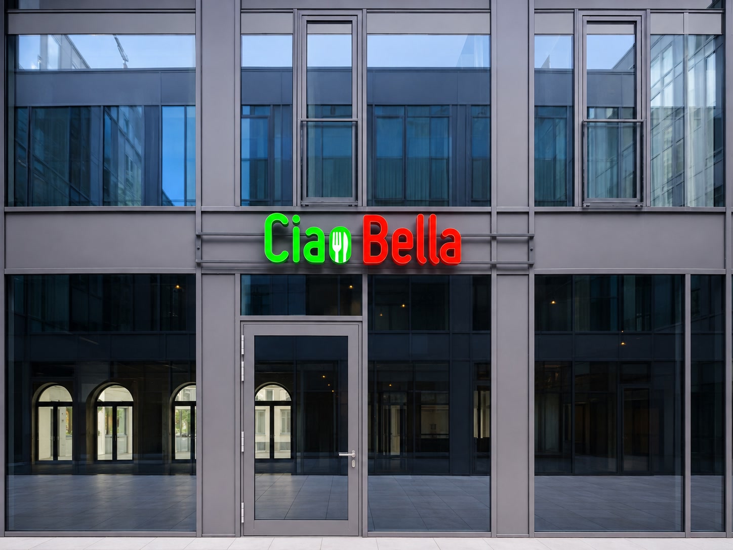 Realisierte Ciao-Bella-Lichtwerbung an einer Gewerbefassade