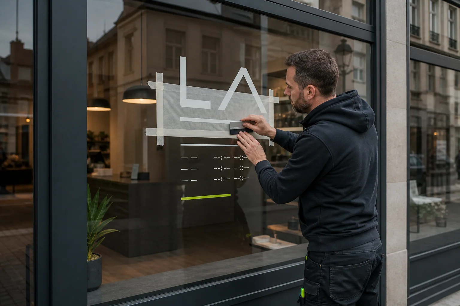 Beschriftete Schaufensterfront eines Ladenlokals